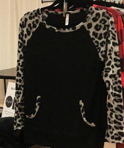 Black Hoodie with Leopard Sleeves and Trim