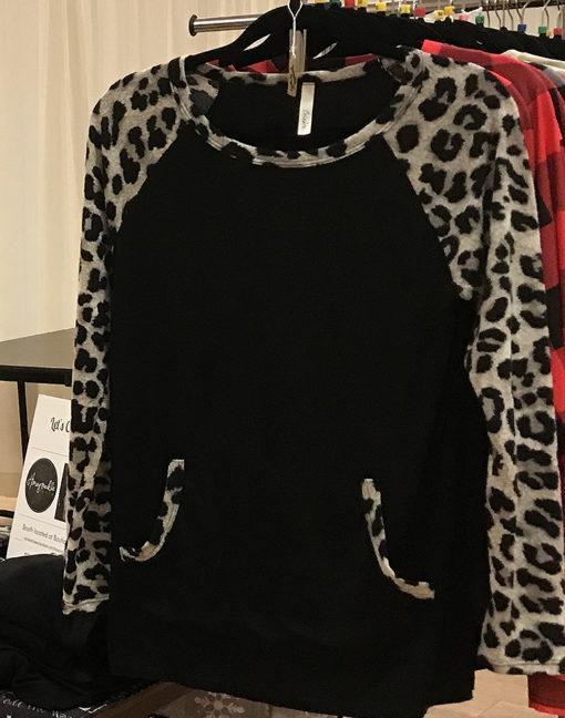 Black Hoodie with Leopard Sleeves and Trim