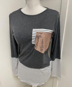 Charcoal Grey Long Sleeve with Black and White Striped bottom Sequin Pocket