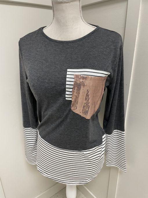 Charcoal Grey Long Sleeve with Black and White Striped bottom Sequin Pocket