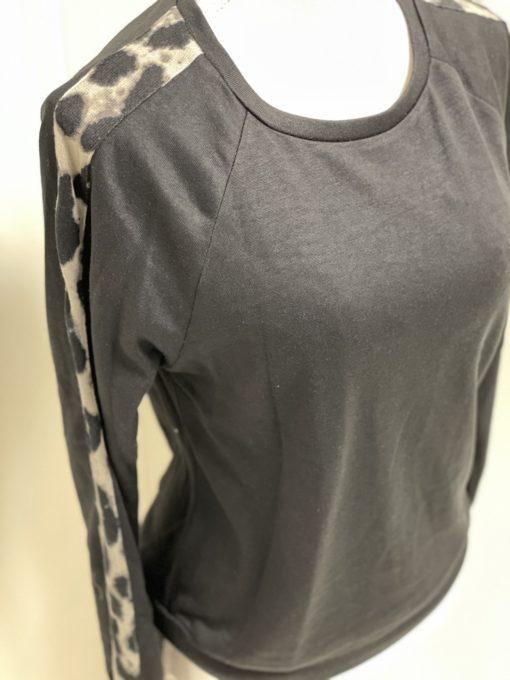 Black French Terry Top with Leopard Print Sleeves