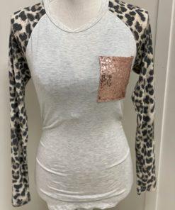 Long Sleeve Leopard Print Shirt with Pink Glitter Pocket