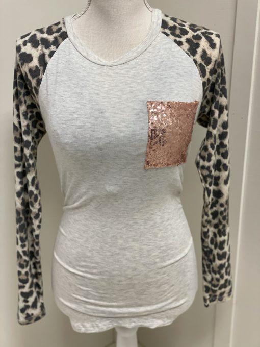 Long Sleeve Leopard Print Shirt with Pink Glitter Pocket