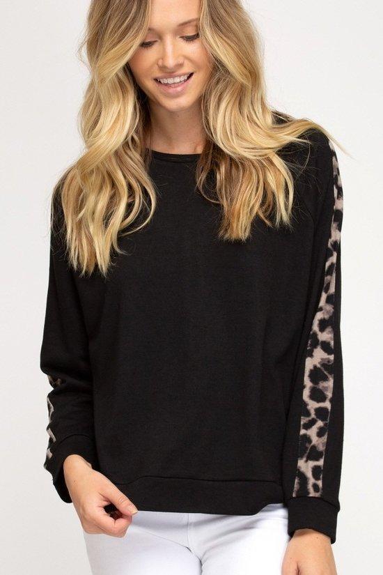 Cute Black Long Sleeve with Leopard Sleeve