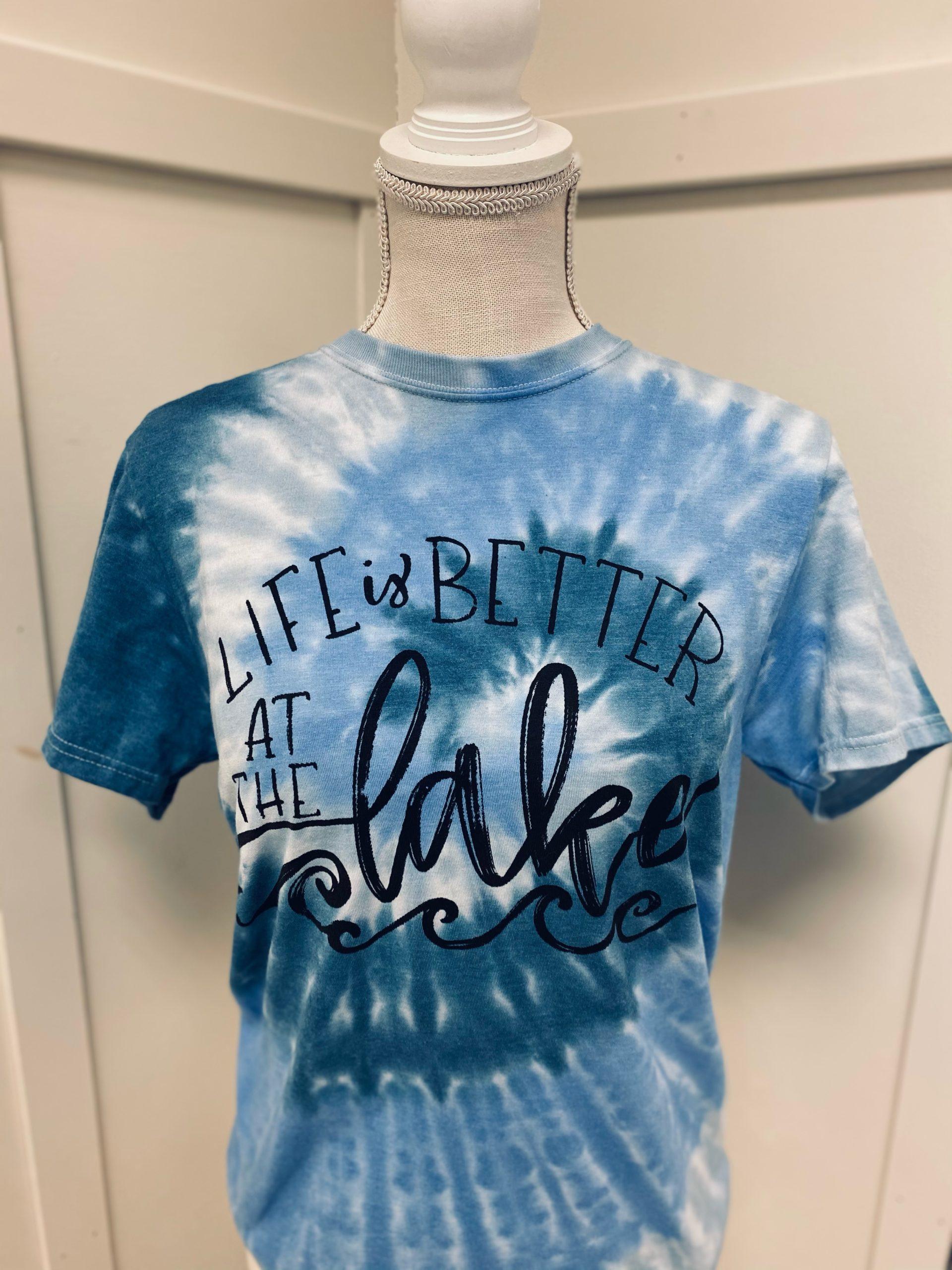 WOMEN'S BLUE TIE-DYE T-SHIRT LIFE IS BETTER AT THE LAKE