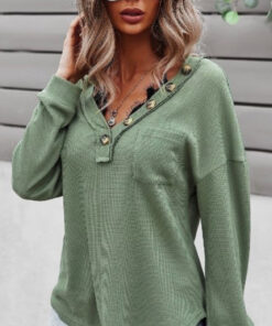 Womens Olive Button Henley Long Sleeve