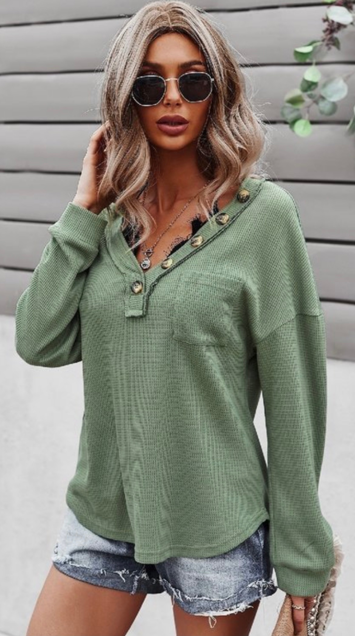 Womens Olive Button Henley Long Sleeve