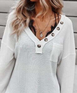 Womens White Button Henley Long Sleeve PRODUCT