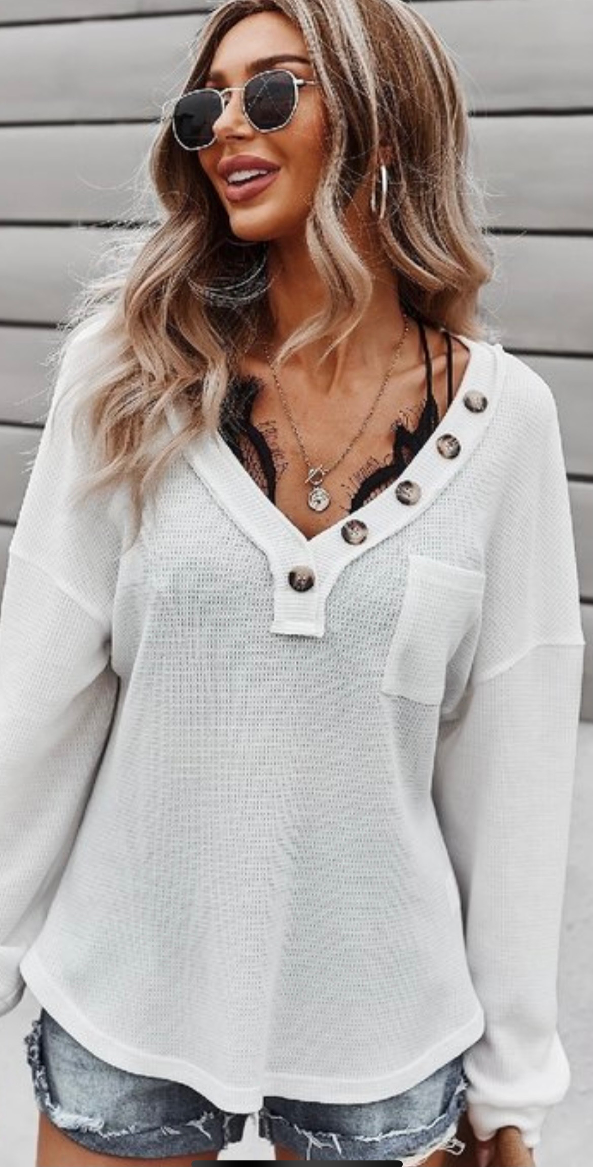 Womens White Button Henley Long Sleeve PRODUCT