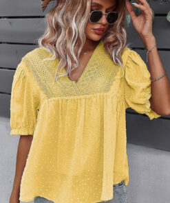 Yellow cap sleeve raised dot bohemian top