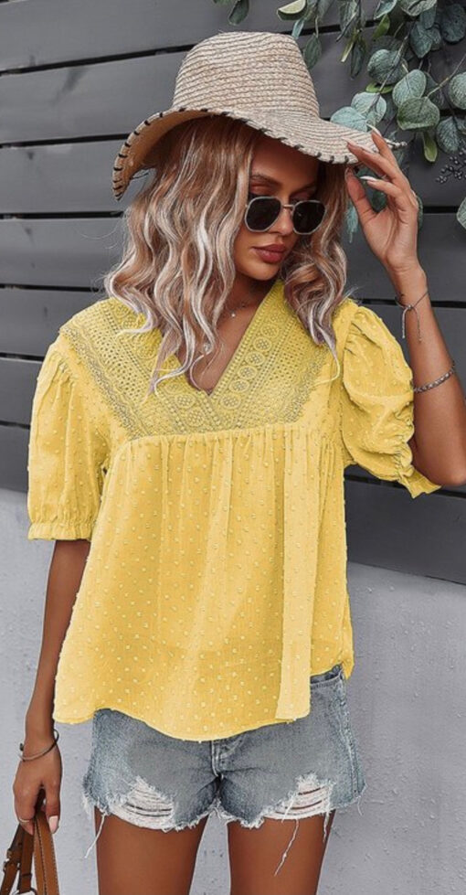 Yellow cap sleeve raised dot bohemian top